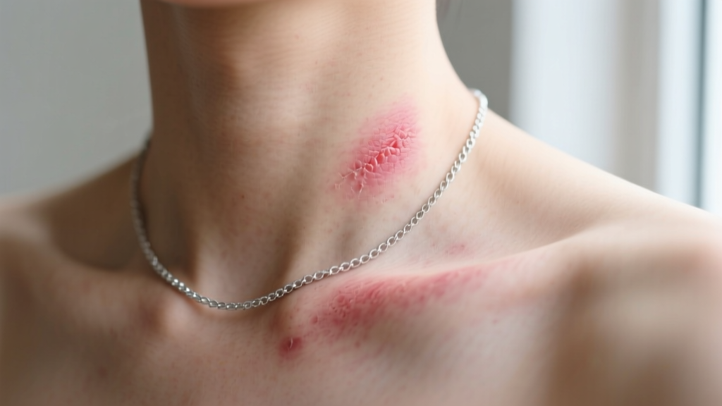 Close-up of a mild red contact dermatitis rash on a collarbone just below a delicate silver chain necklace, soft natural lighting.