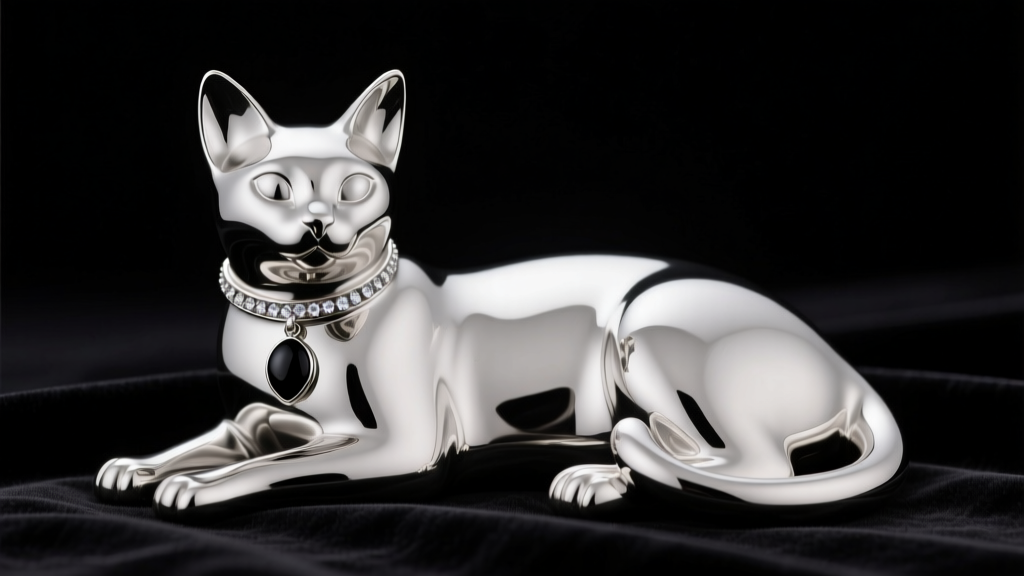 Macro photo of sterling silver cat with necklace pendant, black cold enamel, tiny zirconia collar, resting on dark velvet fabric