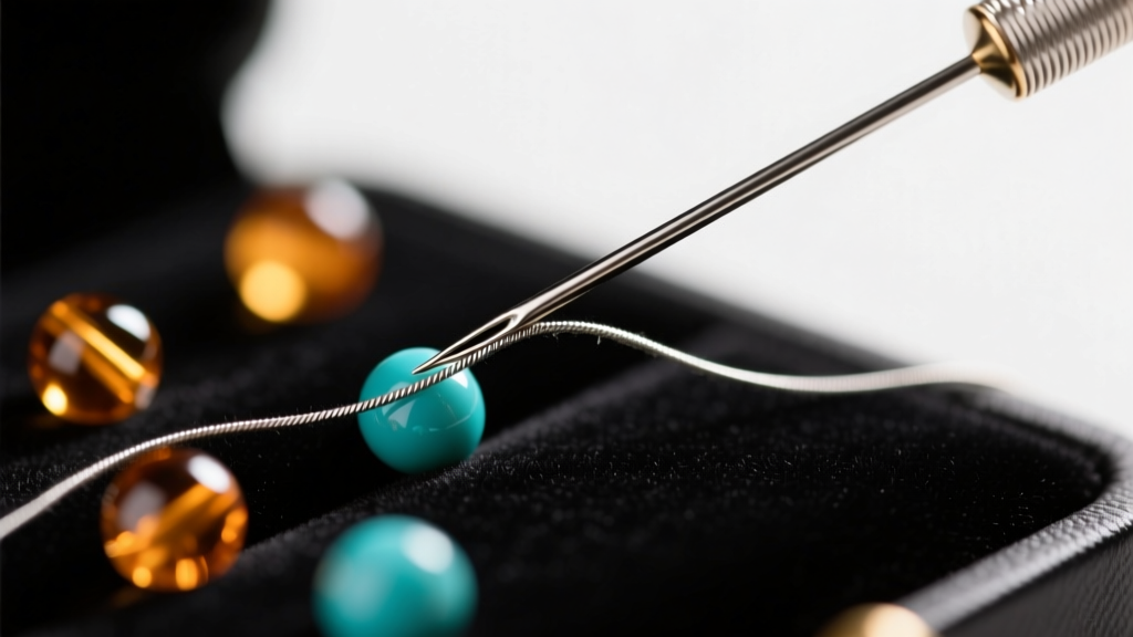 Close-up of a beading needle threading steel micro-wire, with scattered amber and turquoise beads resting on a dark velvet pad