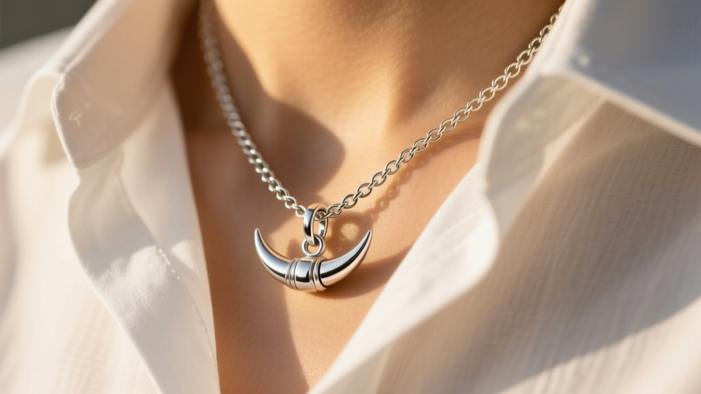 A 25mm sterling silver corno charm on a 1.5mm Figaro chain, worn over a crisp white linen shirt collar in warm natural sunlight.