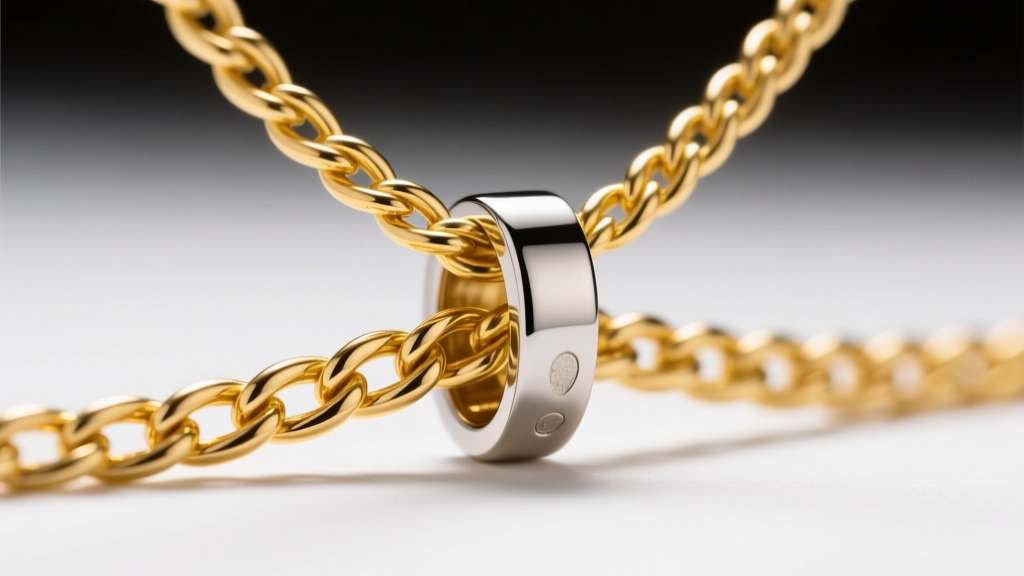 Close-up of a 3mm 14k yellow gold rope chain passing through a brushed steel pendant bail under bright studio lighting