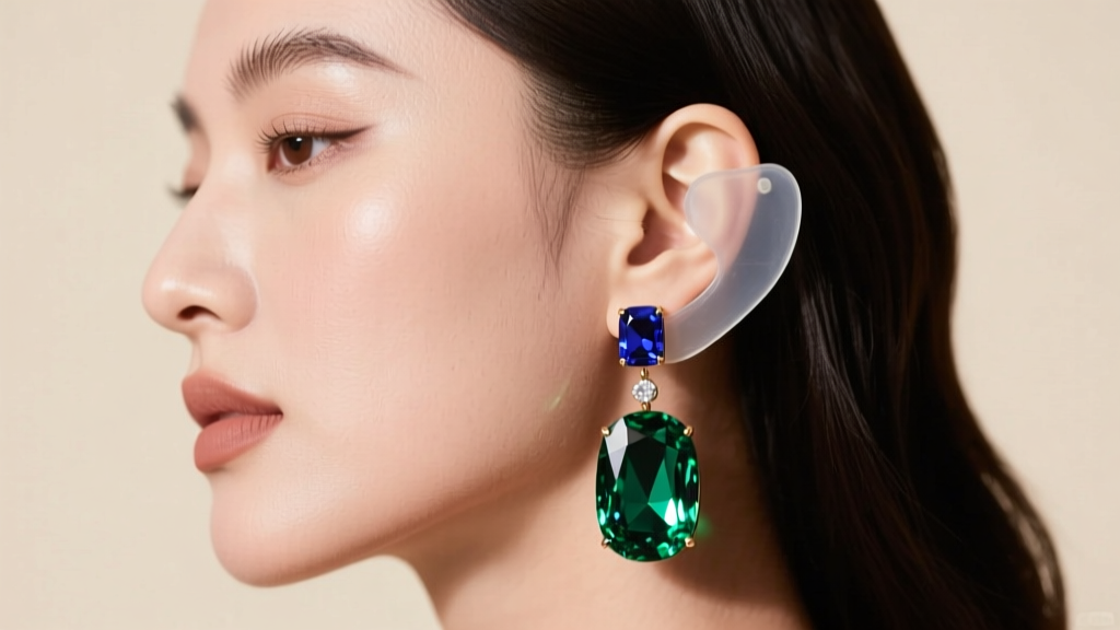 Side view of a woman wearing a heavy gemstone drop earring supported by a clear silicone lobe patch, bathed in soft diffused light.
