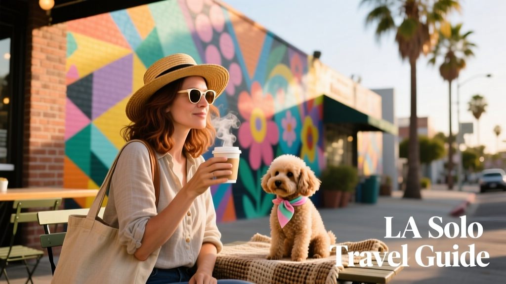 A solo female traveler enjoying coffee at a colorful outdoor café in Silver Lake, surrounded by murals and palm trees