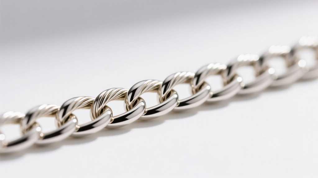 Close-up of a 1.0mm 18-karat white gold cable chain, showing the precise soldering of links and the bright rhodium plated finish.