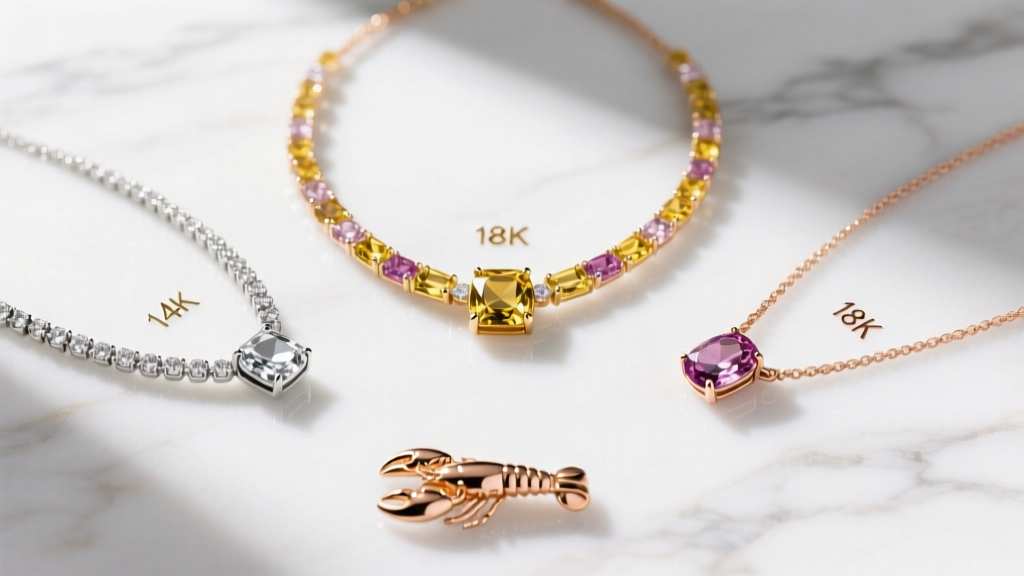 Flat lay of multi gemstone necklaces in white, yellow, and rose gold, displaying karat stamps and lobster clasps on white marble.