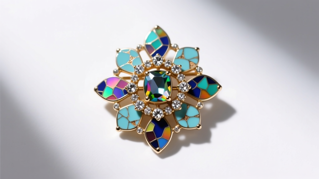 Top view of a vintage enamel brooch showing micro-chipping on cold enamel and foiled chaton stones under bright studio lighting.