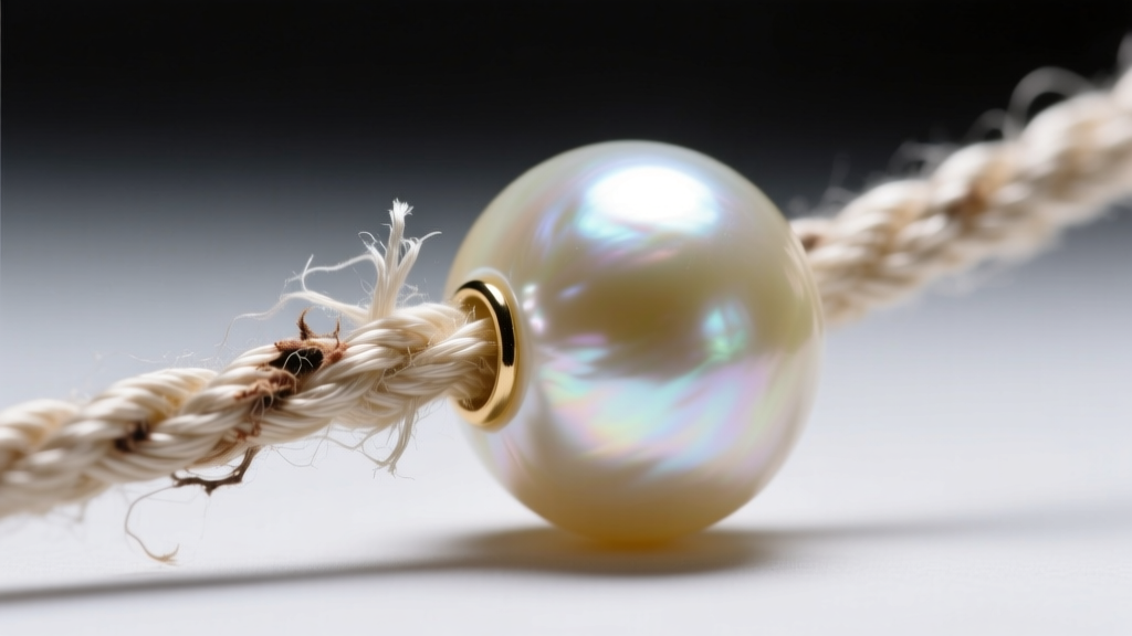 Macro photography of a frayed Griffin silk size 6 cord pulling through a 6mm freshwater pearl, highlighting the abrasion damage.