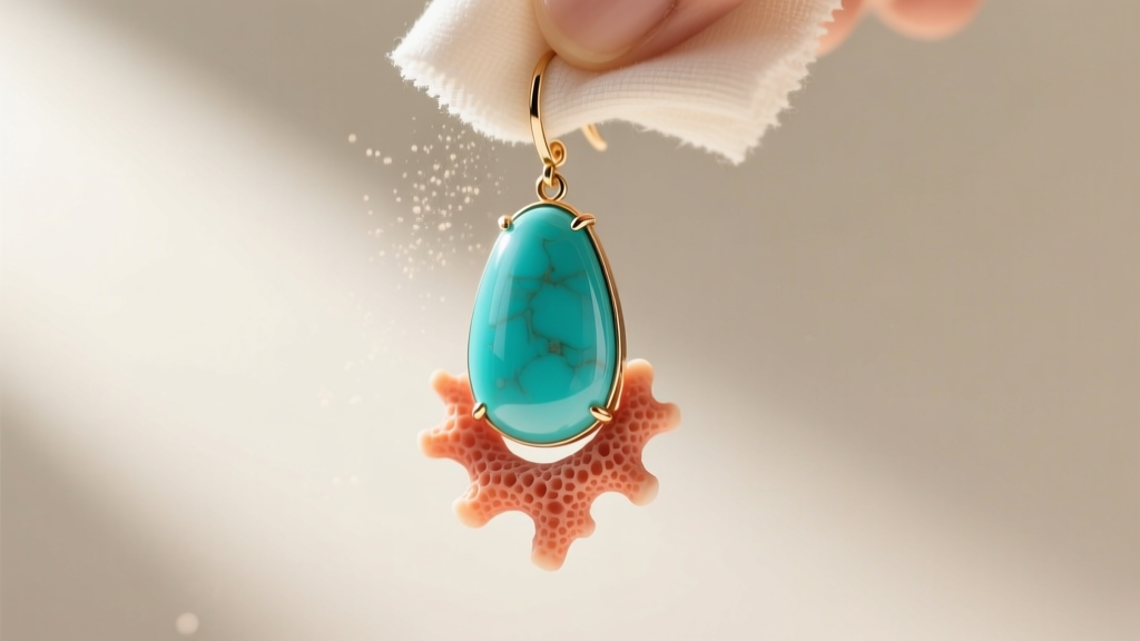 Close-up of a turquoise and coral drop earring being gently wiped with a microfiber cloth, showing the porous texture of coral