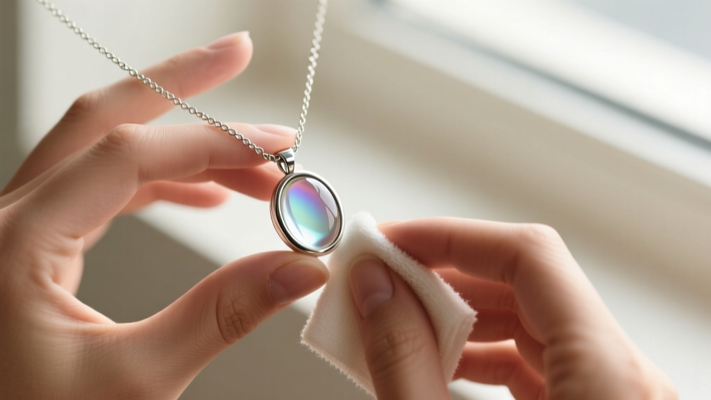 Hands using a dry microfiber cloth to polish the glass cabochon of a silver mood necklace, carefully avoiding the metal bezel edge