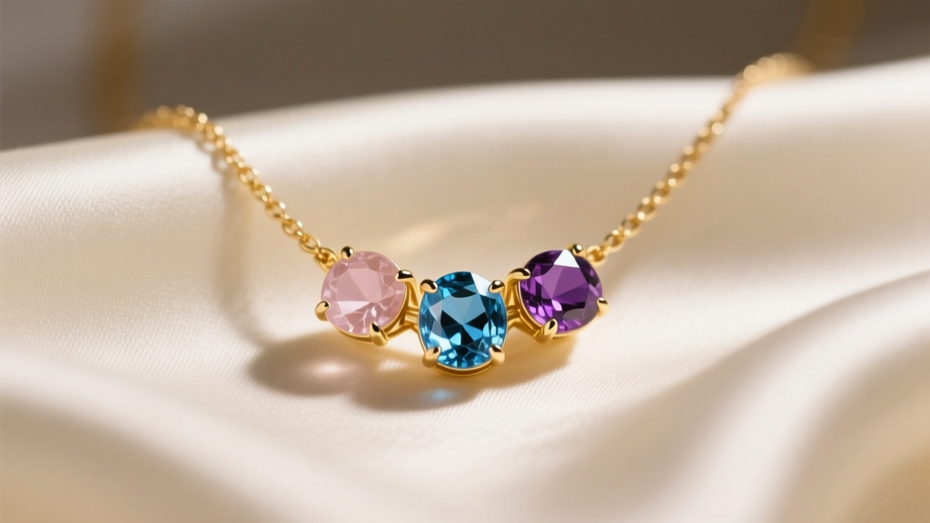 Close-up of a 14k gold mother jewelry necklace with three bezel-set birthstones on ivory silk cloth under warm studio lighting