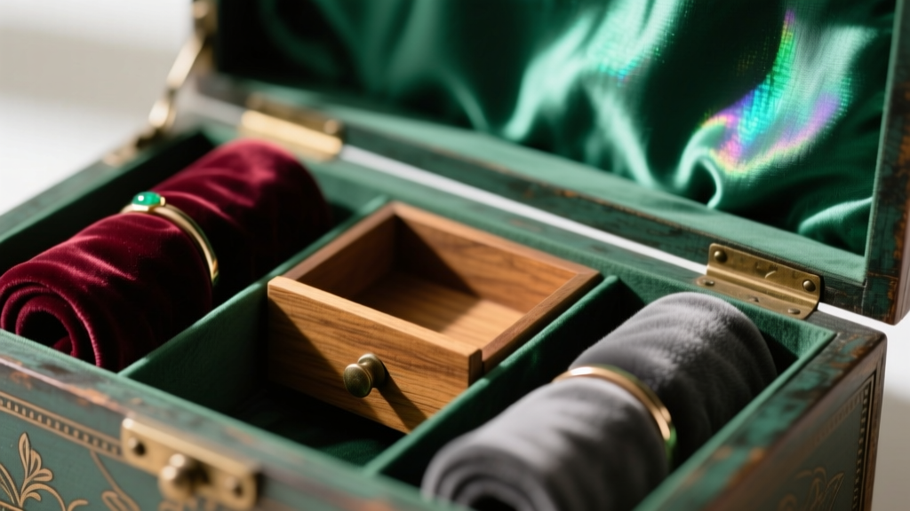 Macro shot of antique box interior showing faded emerald watered silk lining, velvet ring rolls, and a small hidden wooden drawer