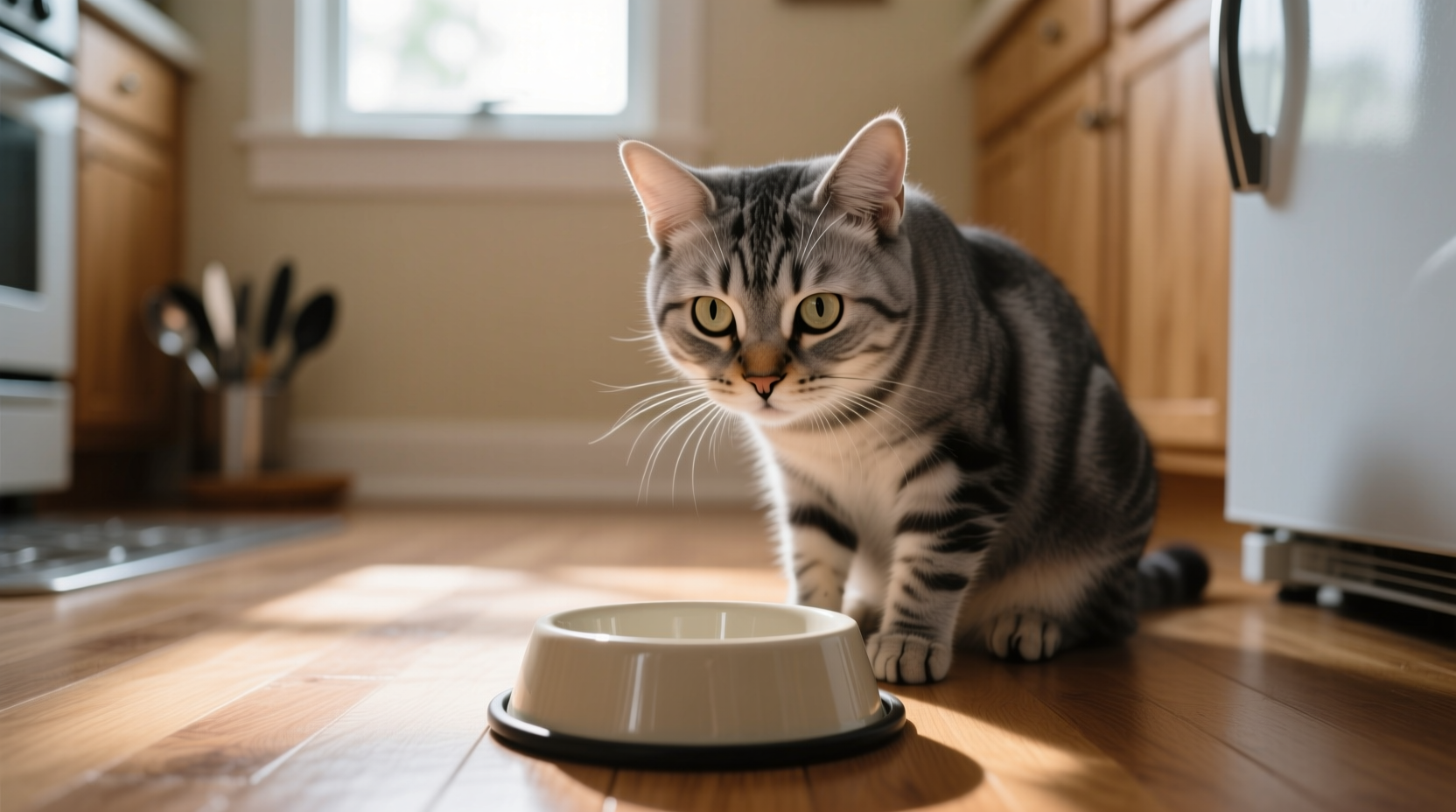 Cat looking at empty food bowl with concerned expression