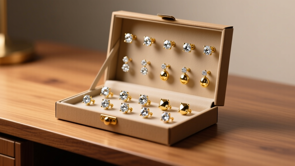 Open archival cardboard stud earring organizer displaying diamond and gold studs under soft, warm studio lighting on a wood desk.