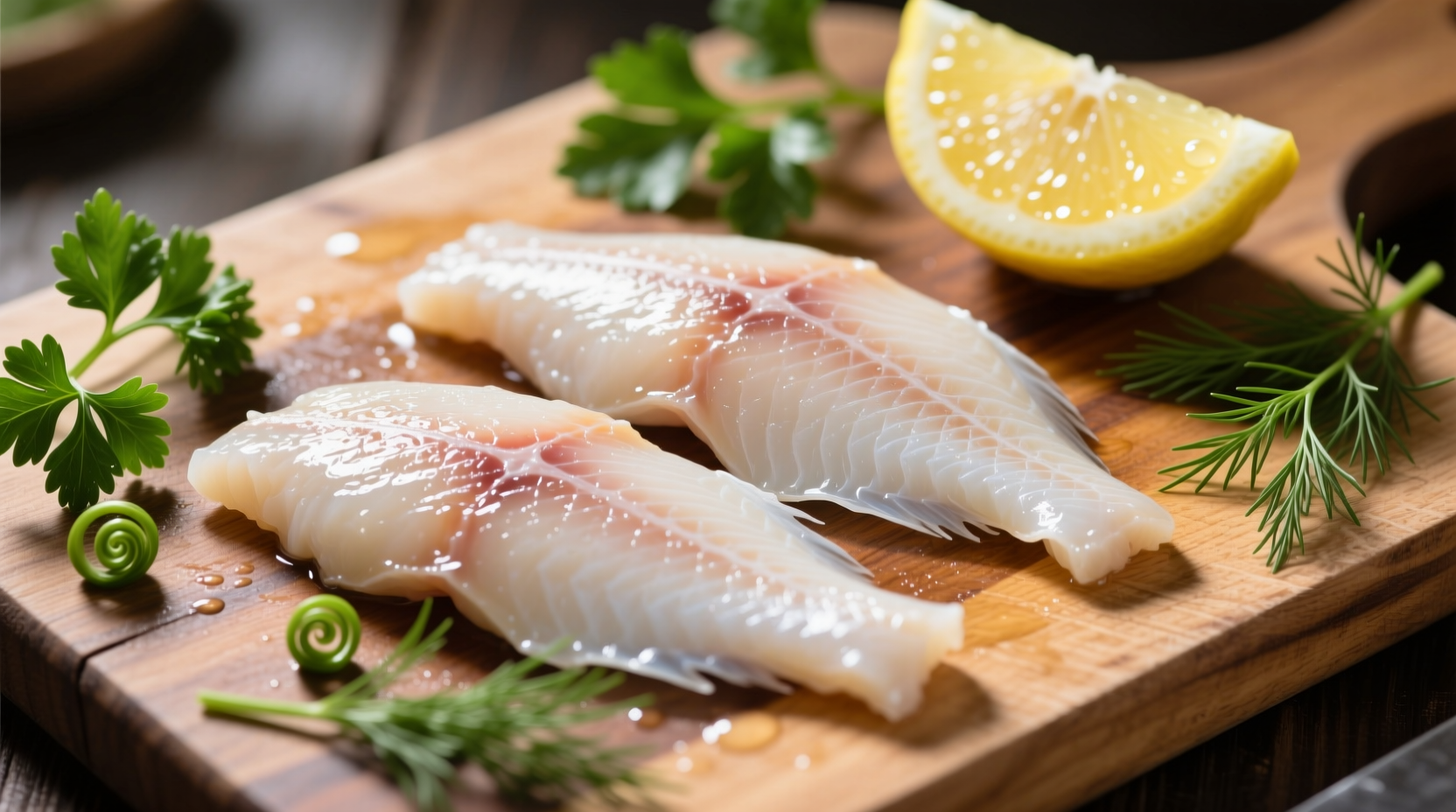 Fresh tilapia fillets on cutting board with lemon and herbs
