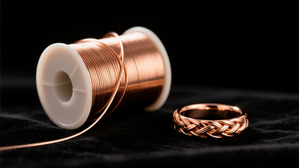 Spool of 14k rose gold-filled wire on black velvet next to a finished woven ring, illuminated by warm, directional studio lighting