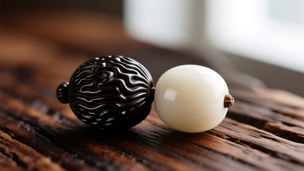 Macro shot of a grooved dark kukui nut bead resting next to a smooth creamy white tagua nut bead on a textured dark wood surface
