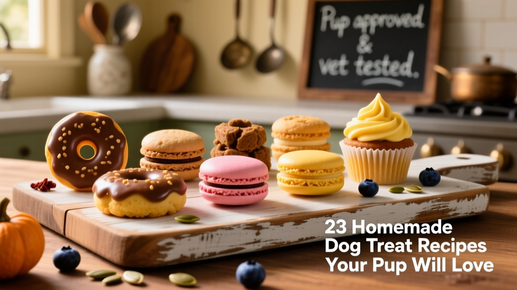 A colorful assortment of homemade dog treats shaped like donuts, macarons, and cupcakes on a rustic wooden board