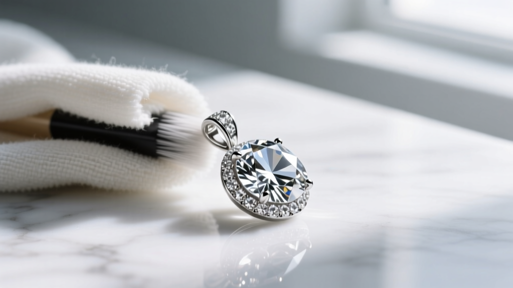 Microfiber cloth polishing a rhodium-plated costume pendant with cubic zirconia stones resting on a clean white marble surface top