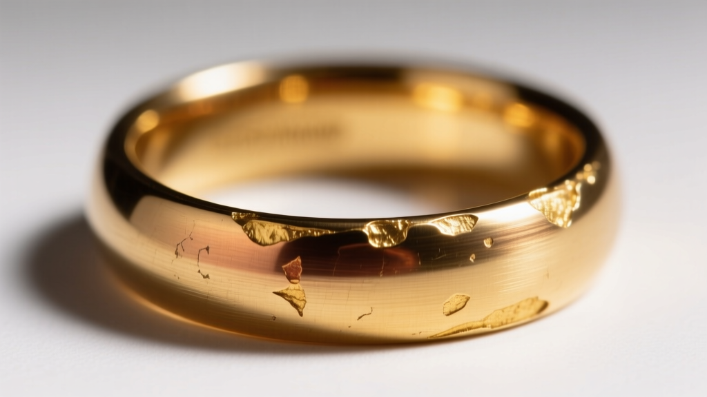 Macro photo of a gold-dipped brass ring showing the thin gold layer wearing away at the inner band edge under bright studio light