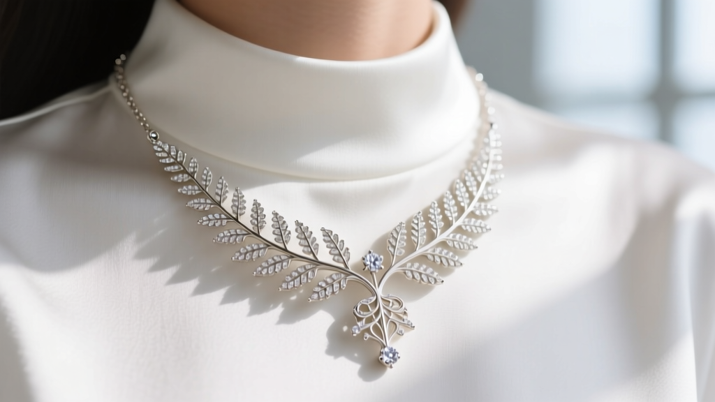 Close-up of a 16-inch 18k white gold fern pendant necklace resting on a crisp white silk blouse collar with bright diamond accents