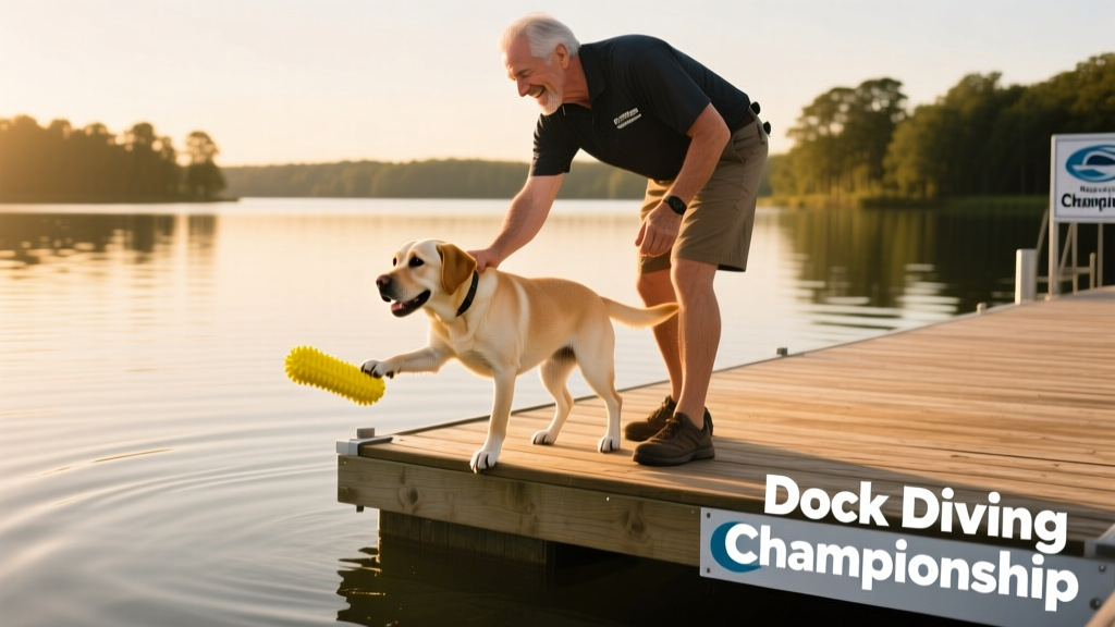 A trainer gently guiding a young Labrador onto a dock platform while holding a bright yellow toy
