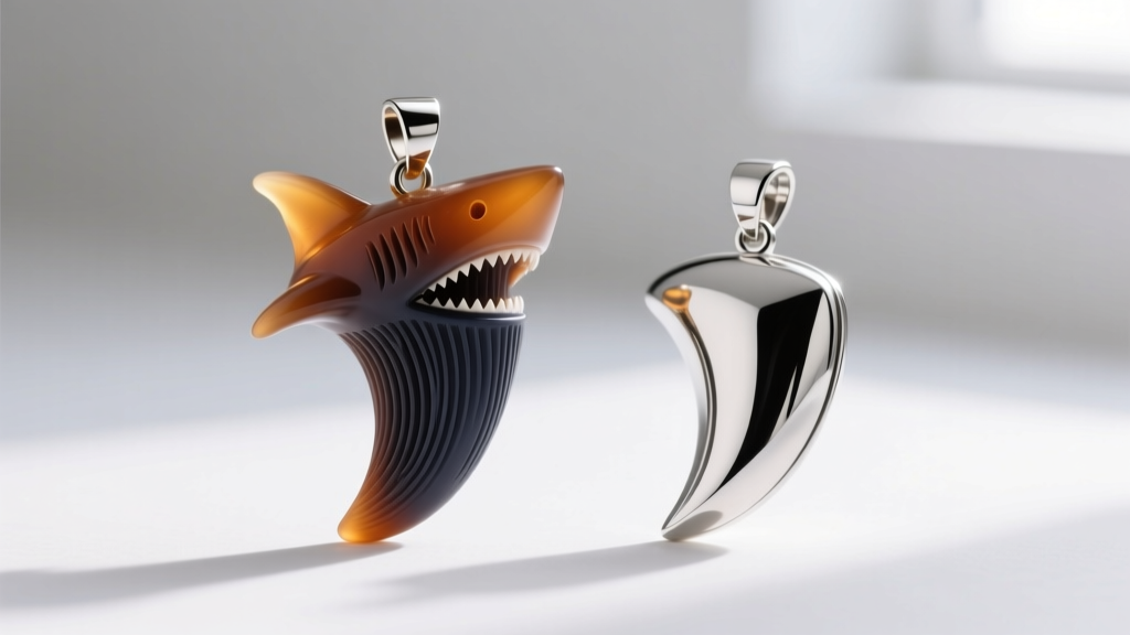 Macro close-up of a 3D printed resin shark tooth pendant showing layer lines beside a polished sterling silver cast version.