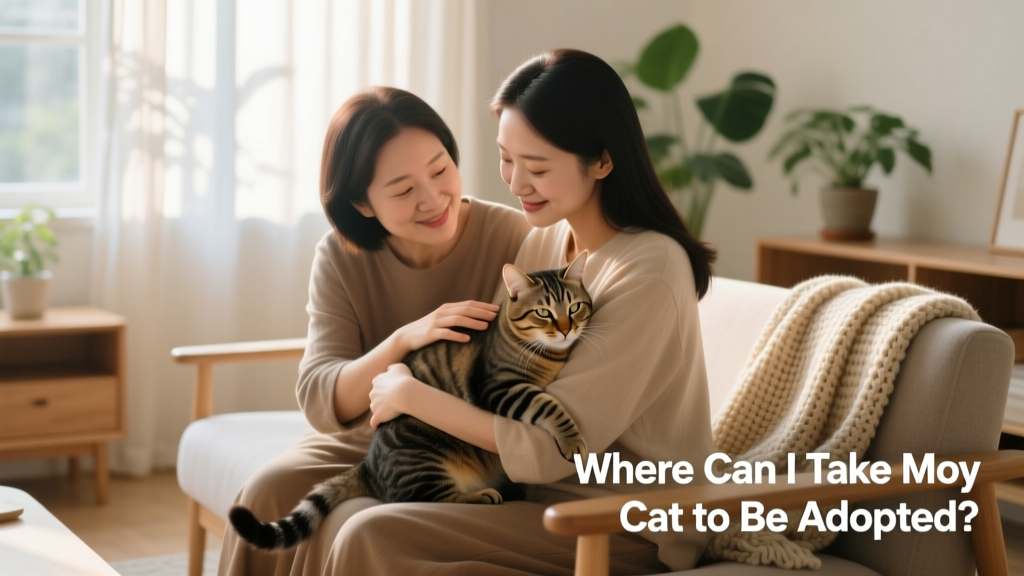 Two people gently holding a cat during a calm, supervised meet-and-greet in a quiet living room setting