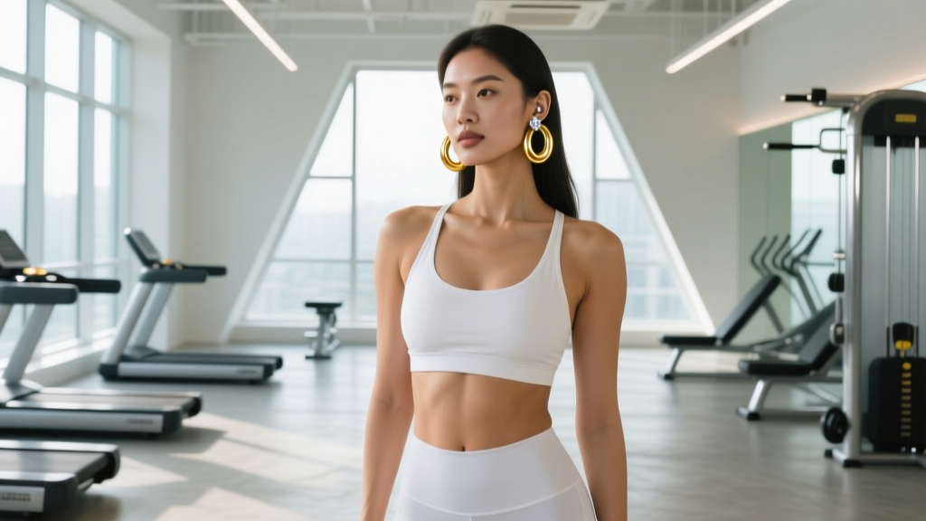 Fit woman wearing thick 14k gold PVD-coated hoop earrings and diamond cartilage studs in a bright modern gym setting