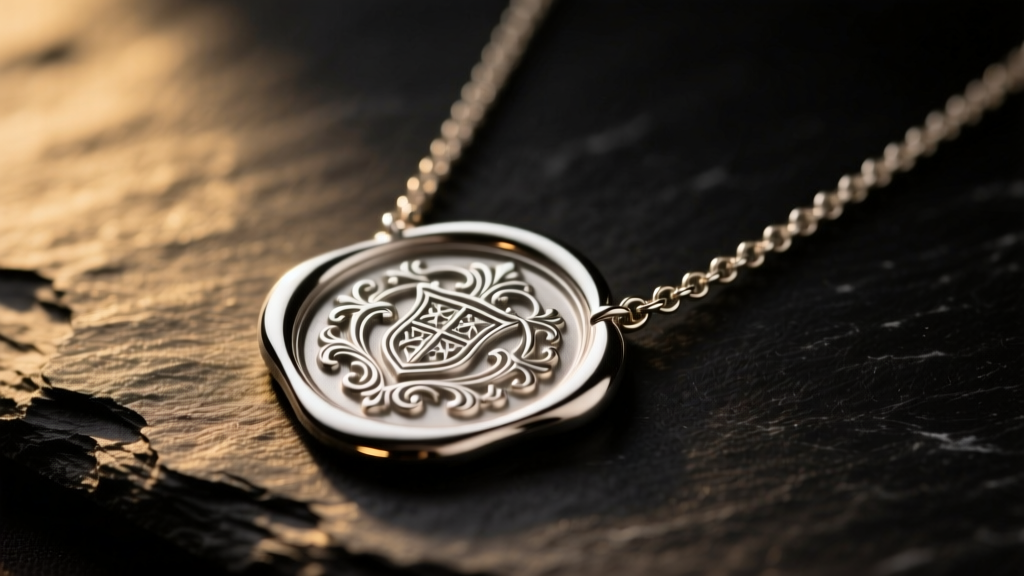 Close-up of a sterling silver wax seal necklace on dark slate, highlighting deep relief stamping and soft, moody lighting.