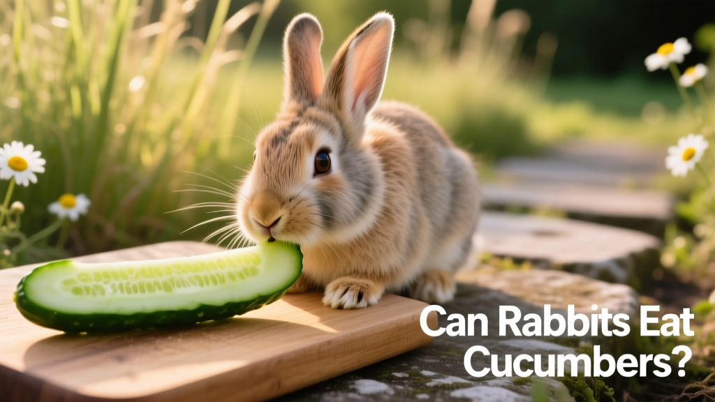 A rabbit nibbling a thin slice of cucumber with visible green skin