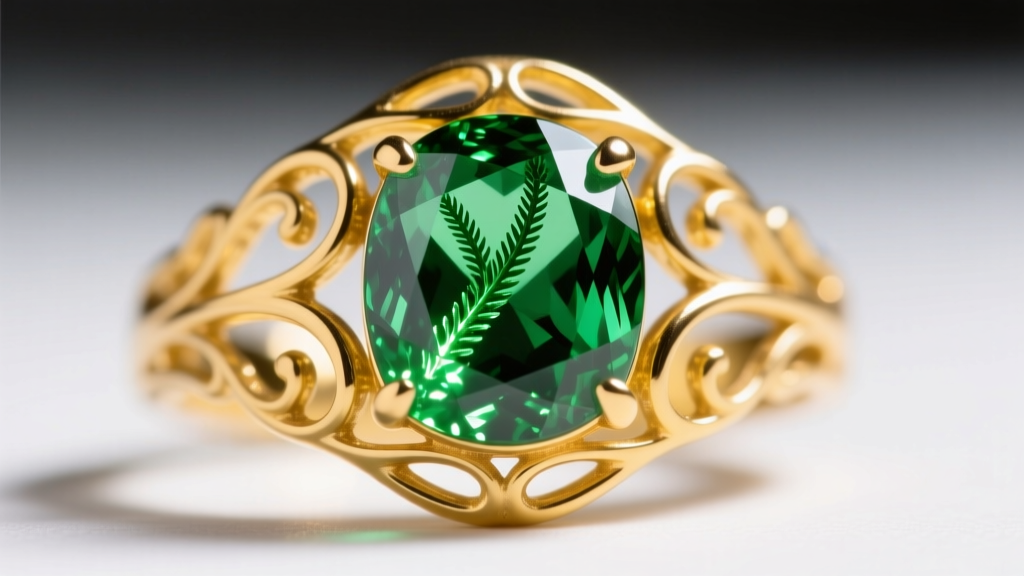 Macro shot of a green Russian demantoid garnet in an ornate yellow gold Art Nouveau ring, highlighting its horsetail inclusions.