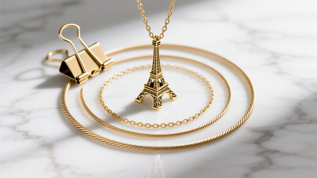Gold paperclip and cable chains layered with an Eiffel tower pendant on white marble, shot from above in bright natural light.