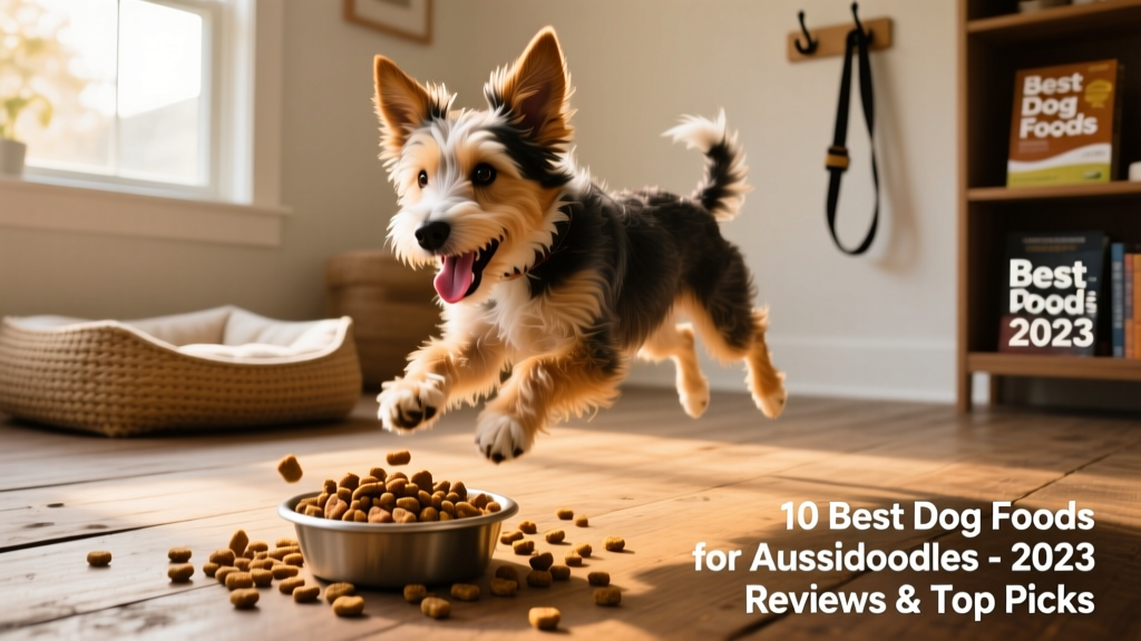 A happy, energetic Aussiedoodle mid-play with a bowl of kibble nearby
