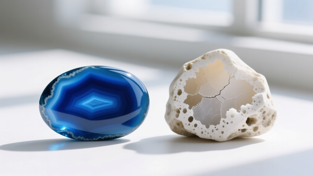 Macro comparison of saturated dyed blue agate cabochon next to a faded, sun-bleached stone revealing pale white porous edges.