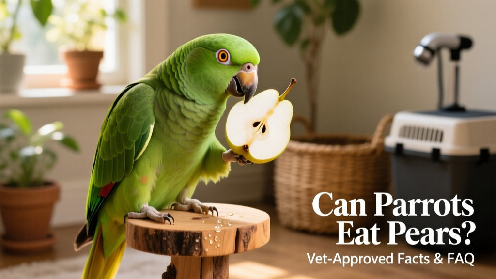 A happy parrot holding a small, peeled pear wedge in its beak, perched on a natural wood stand