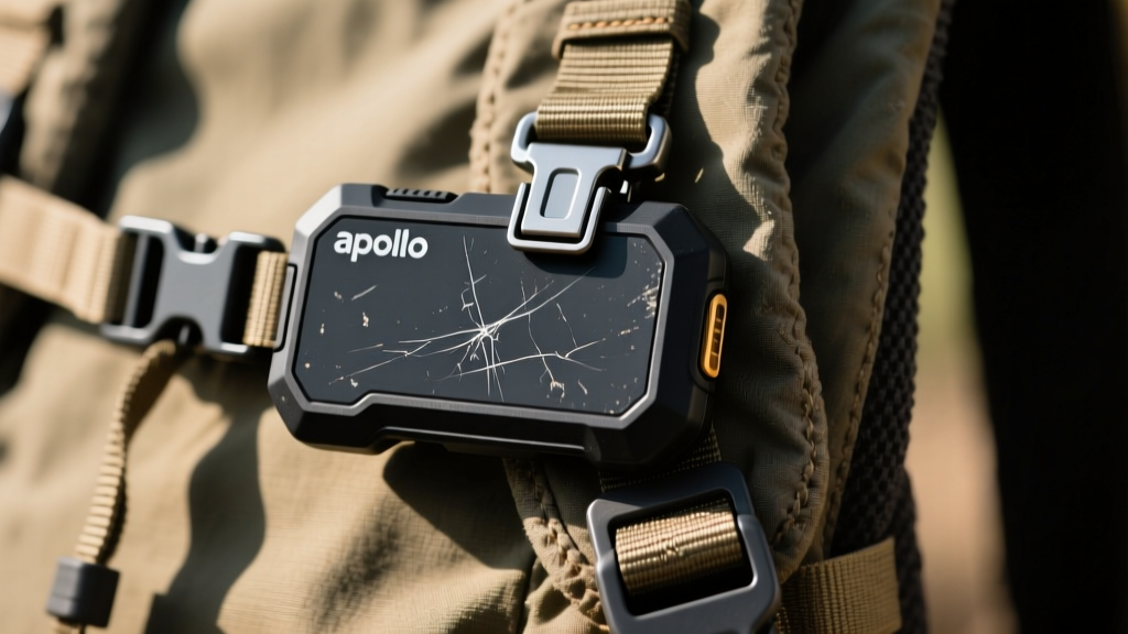 Close-up of the Apollo Neuro clipped to a backpack strap, showing micro-scratches on the polycarbonate housing after a 30-day field test.