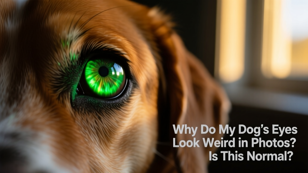 Close-up photo of a dog's eye showing a bright green reflective glow in low light