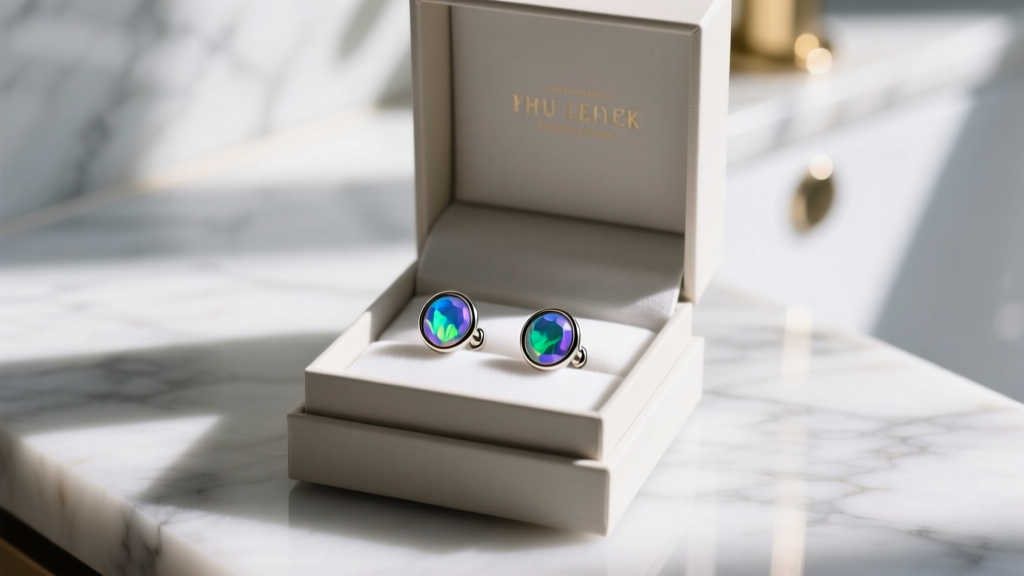 Elegant gift box open on a marble vanity displaying 16-gauge implant-grade titanium flat-back labret earrings with small opal gems