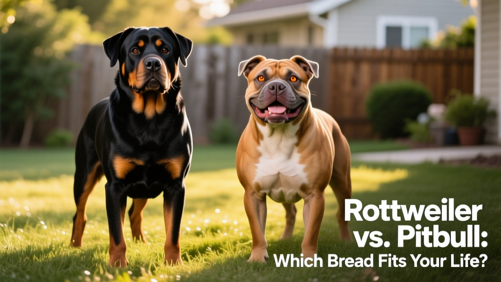 Side-by-side comparison of a well-groomed Rottweiler and a muscular, friendly-looking Pitbull standing on grass