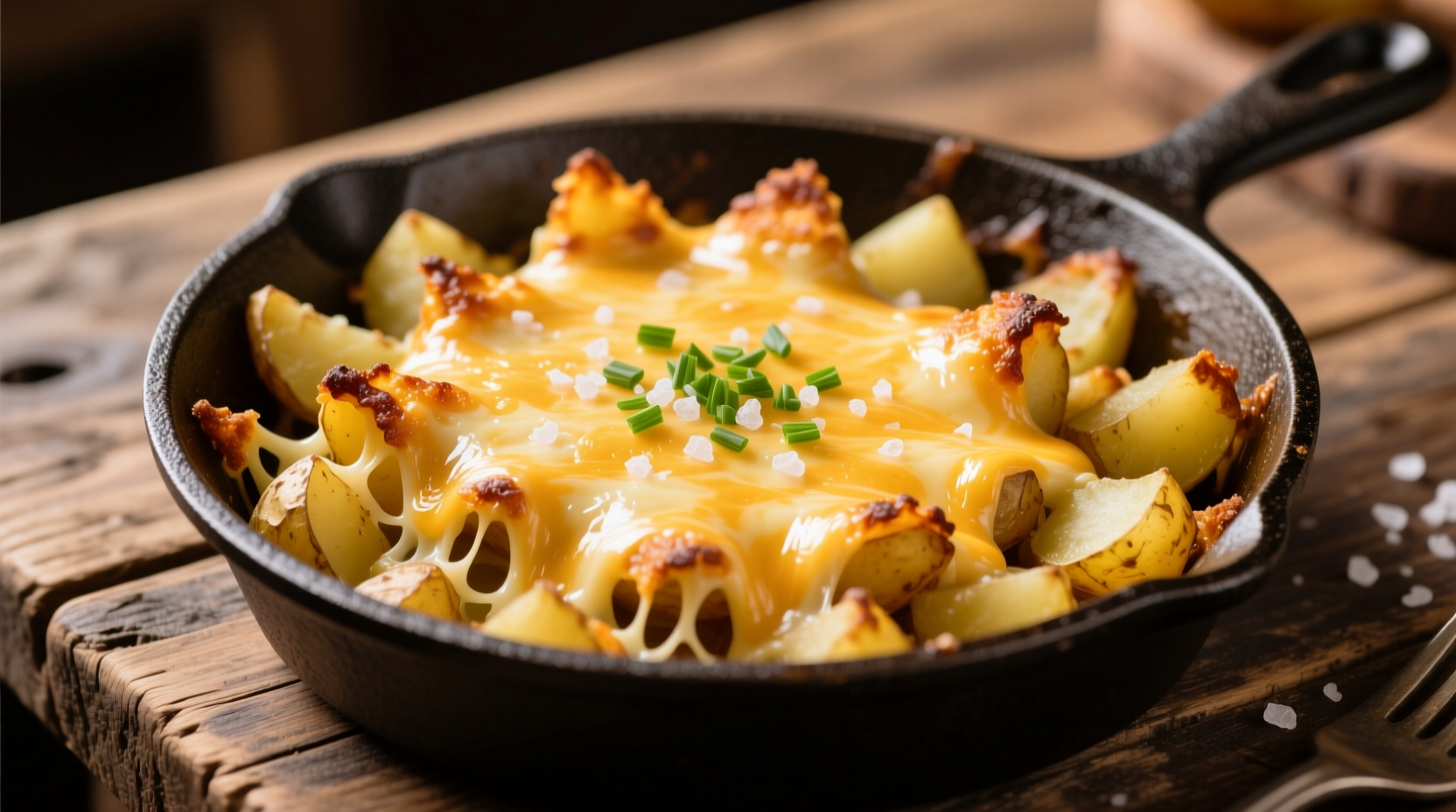 Golden cheesy potato hash with crispy edges and melted cheese