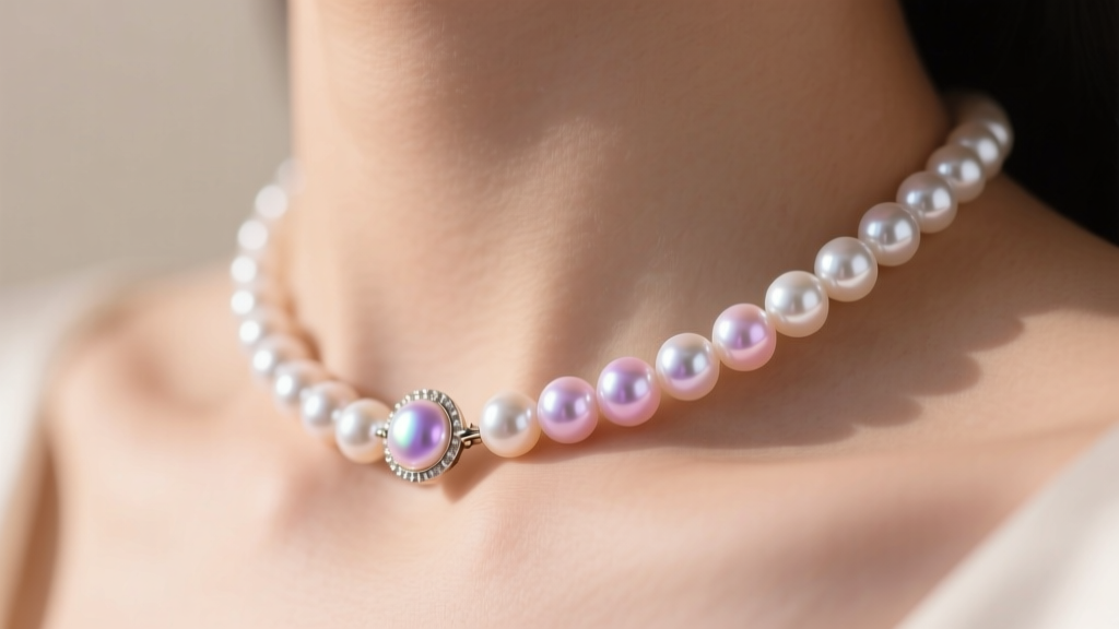 Close-up of a luminous 7mm Akoya pearl choker on a collarbone, soft romantic lighting highlighting the mirror-like nacre