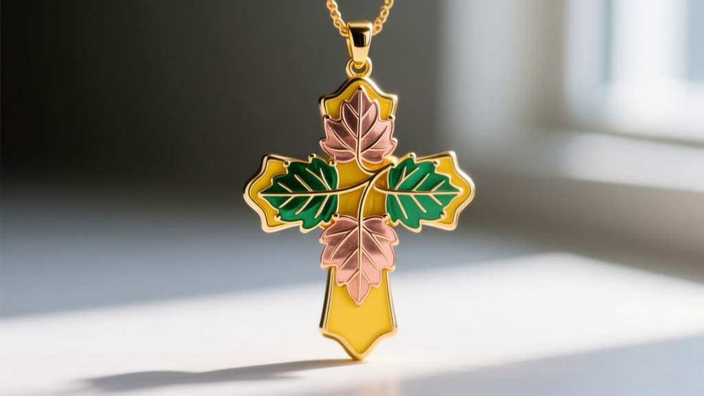 Macro shot of a tri-color Black Hills Gold cross pendant featuring rose and green gold grape leaves layered on a yellow gold base.