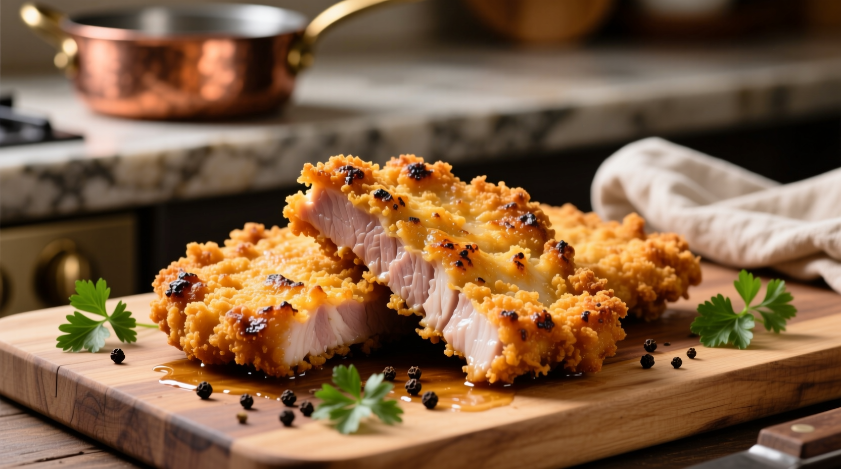 Golden brown breaded pork chops with crispy coating