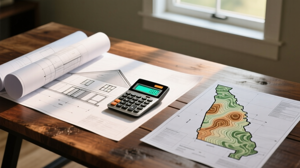 Architectural blueprints spread on a wooden table next to a financial calculator and a topographic map of Missouri for a custom home build