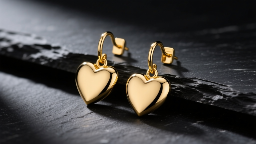 Close-up of 14k yellow gold heart dangle earrings on a dark slate surface, illuminated by soft directional studio lighting.
