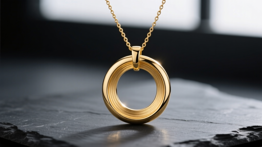 Minimalist 14k solid gold circular O pendant necklace on dark slate, showing polished metal and a 1.2mm cable chain