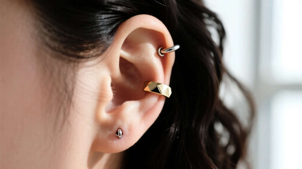 Macro shot of a 16-gauge white gold clicker hoop earring being inserted into a healed helix cartilage piercing on a model