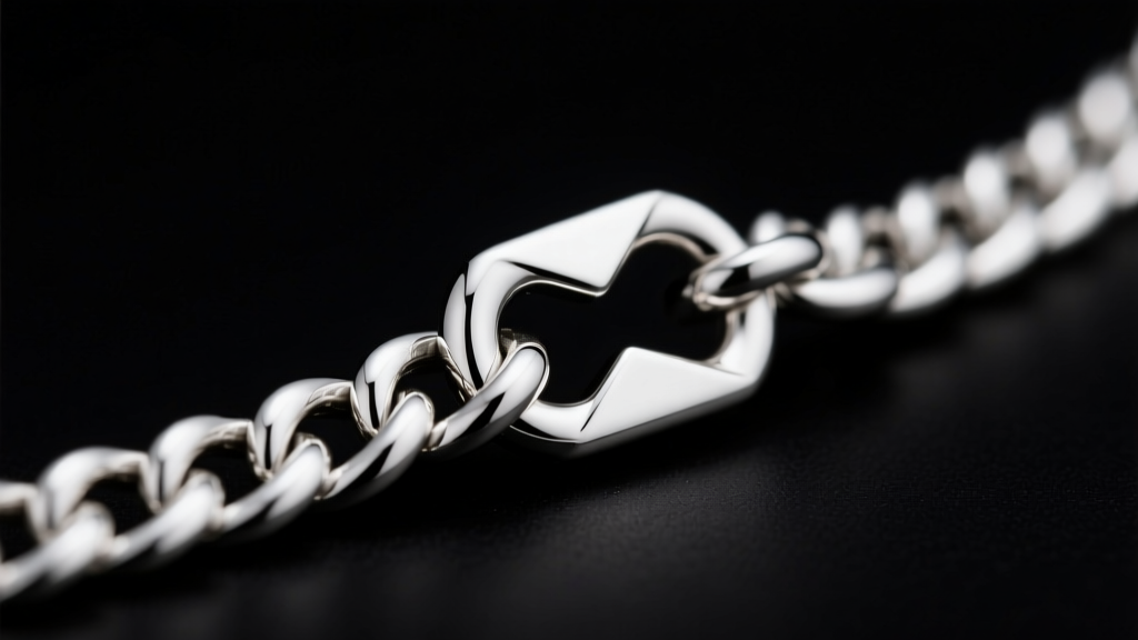Close-up of a 2.5mm sterling silver curb chain with a heavy-duty lobster clasp, highlighted against a matte black background.