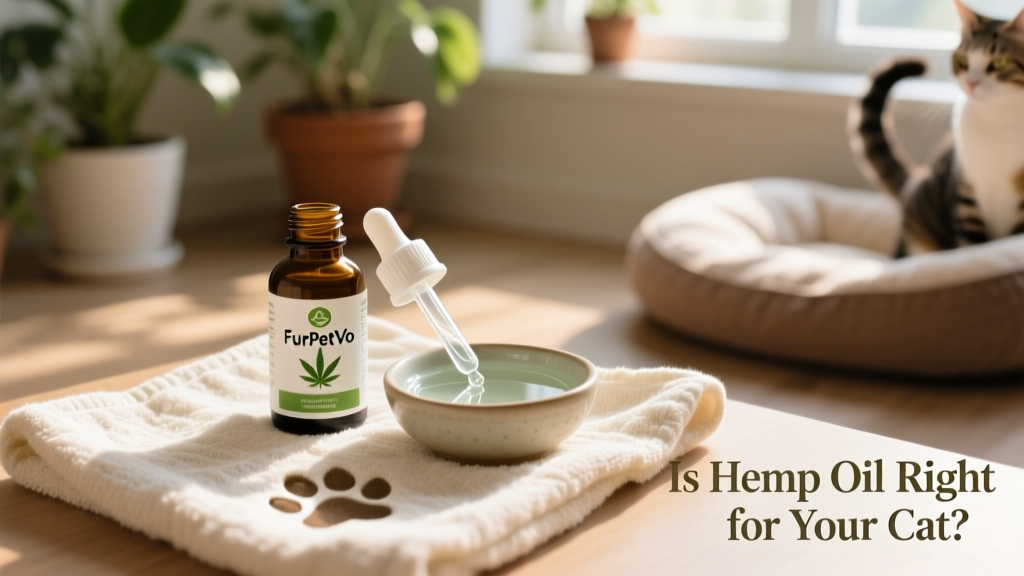 A clean, well-lit photo of a FurPetVo hemp supplement bottle next to a measuring dropper and a bowl of fresh water, placed on a soft towel