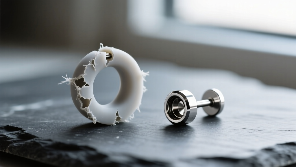 Worn silicone earring back with micro-tears next to a pristine titanium threadless earring end resting on a dark slate background